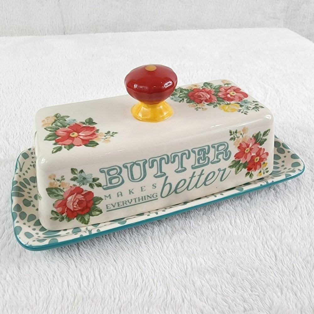 The Pioneer Woman Butter Dish "Butter Makes Everything Better" Floral Ceramic